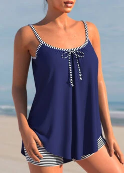 Striped Navy Blue Plus Size Bowknot Tankini Set -Rosewe Promotion Store 303342 P 1655172711872