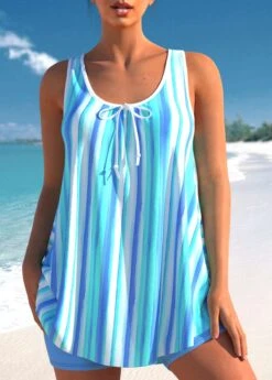Striped Wide Strap Sky Blue Tankini Set