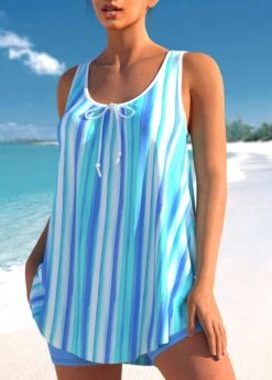Striped Wide Strap Sky Blue Tankini Set -Rosewe Promotion Store 303433 P 1652164454519