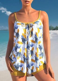 Leaf Print Yellow Bowknot Tankini Set