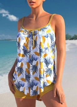 Leaf Print Yellow Bowknot Tankini Set -Rosewe Promotion Store 303434 P 1655114389214