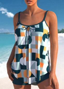 Geometric Print Green Bowknot Tankini Set -Rosewe Promotion Store 303470 P 1652743346427