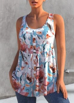 Multi Color Decorative Button Floral Print Tank Top -Rosewe Promotion Store 303534 P 1651210858182