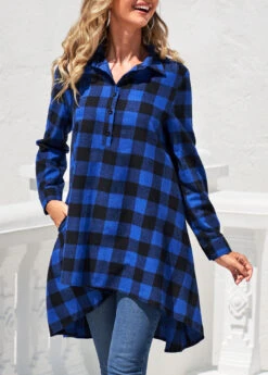 Double Side Pockets Royal Blue Plaid Blouse -Rosewe Promotion Store 303736 P 16584664231462