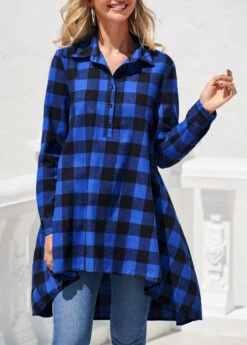 Double Side Pockets Royal Blue Plaid Blouse -Rosewe Promotion Store 303736 P 16584664232263