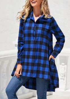 Double Side Pockets Royal Blue Plaid Blouse -Rosewe Promotion Store 303736 P 16584664233024