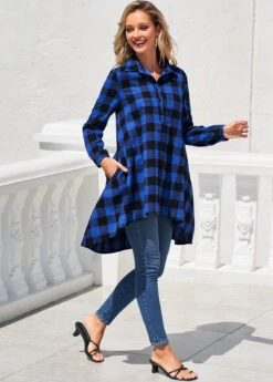 Double Side Pockets Royal Blue Plaid Blouse -Rosewe Promotion Store 303736 P 16584664238525