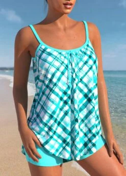 Plaid Cyan Bowknot Spaghetti Strap Tankini Set -Rosewe Promotion Store 303804 P 1651208748460