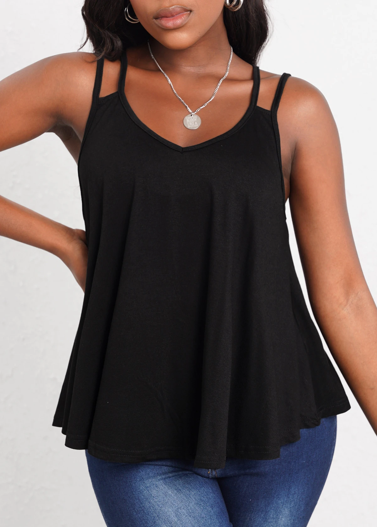 Double Straps Curved Hem Black Camisole Top 5 Double Straps Curved Hem Black Camisole Top - Image 3