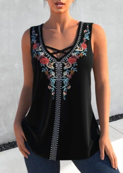 Black Floral Print Cross Strap Tank Top