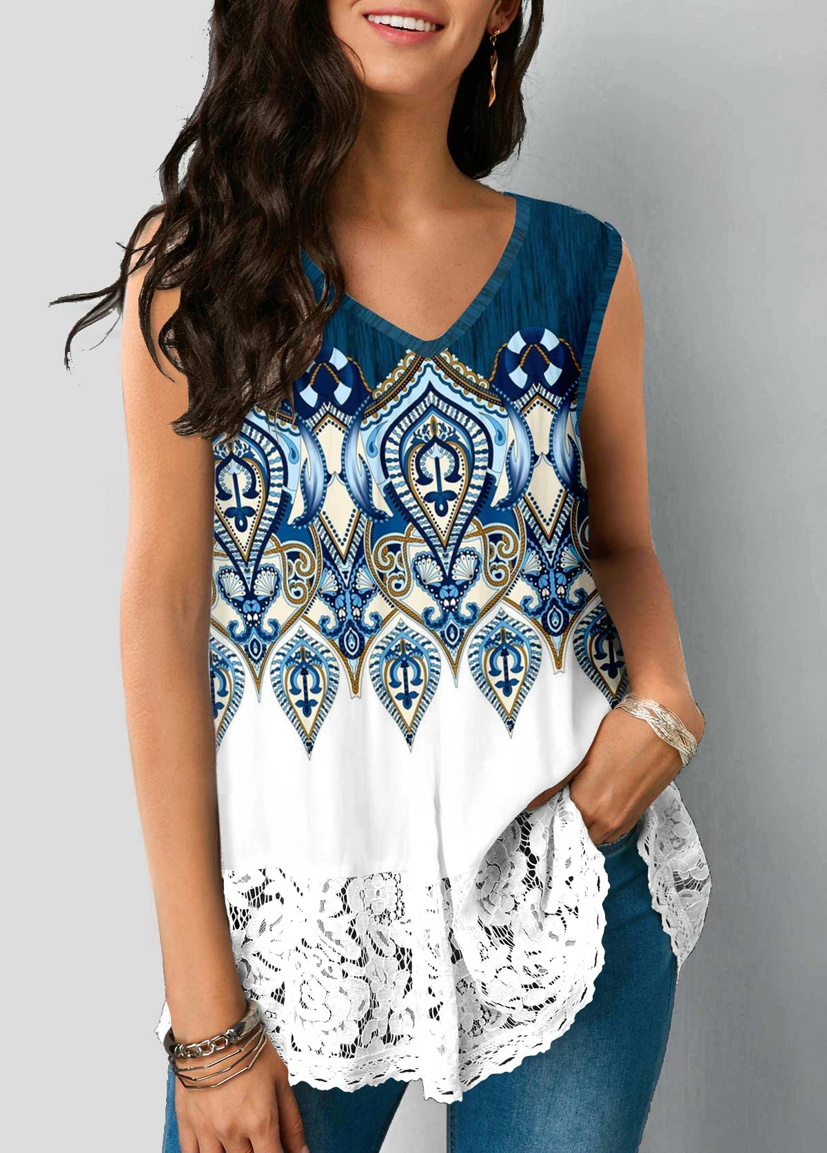 Tribal Print Blue Lace Stitching Tank Top 3 Tribal Print Blue Lace Stitching Tank Top