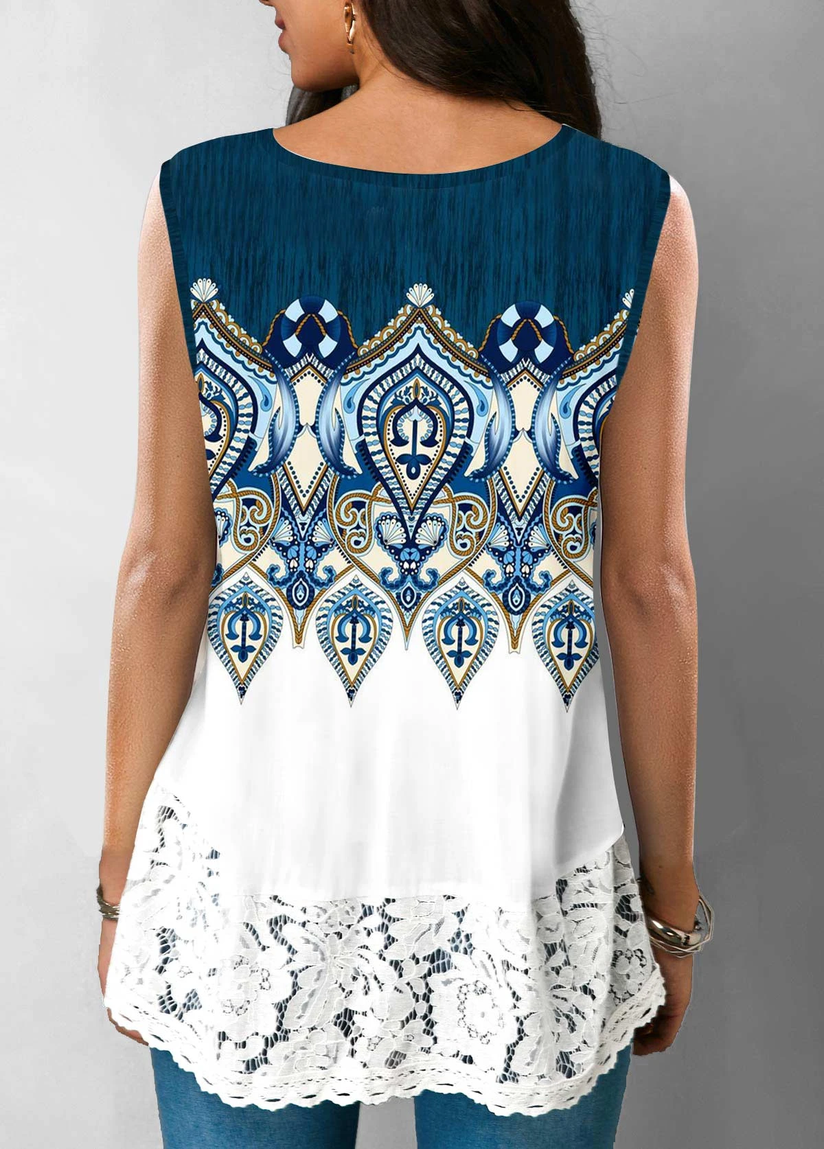 Tribal Print Blue Lace Stitching Tank Top 4 Tribal Print Blue Lace Stitching Tank Top - Image 2