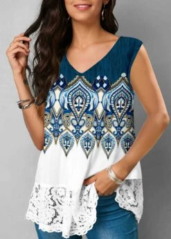 Tribal Print Blue Lace Stitching Tank Top 7 Tribal Print Blue Lace Stitching Tank Top -Rosewe Promotion Store 304088 P 1651826149345