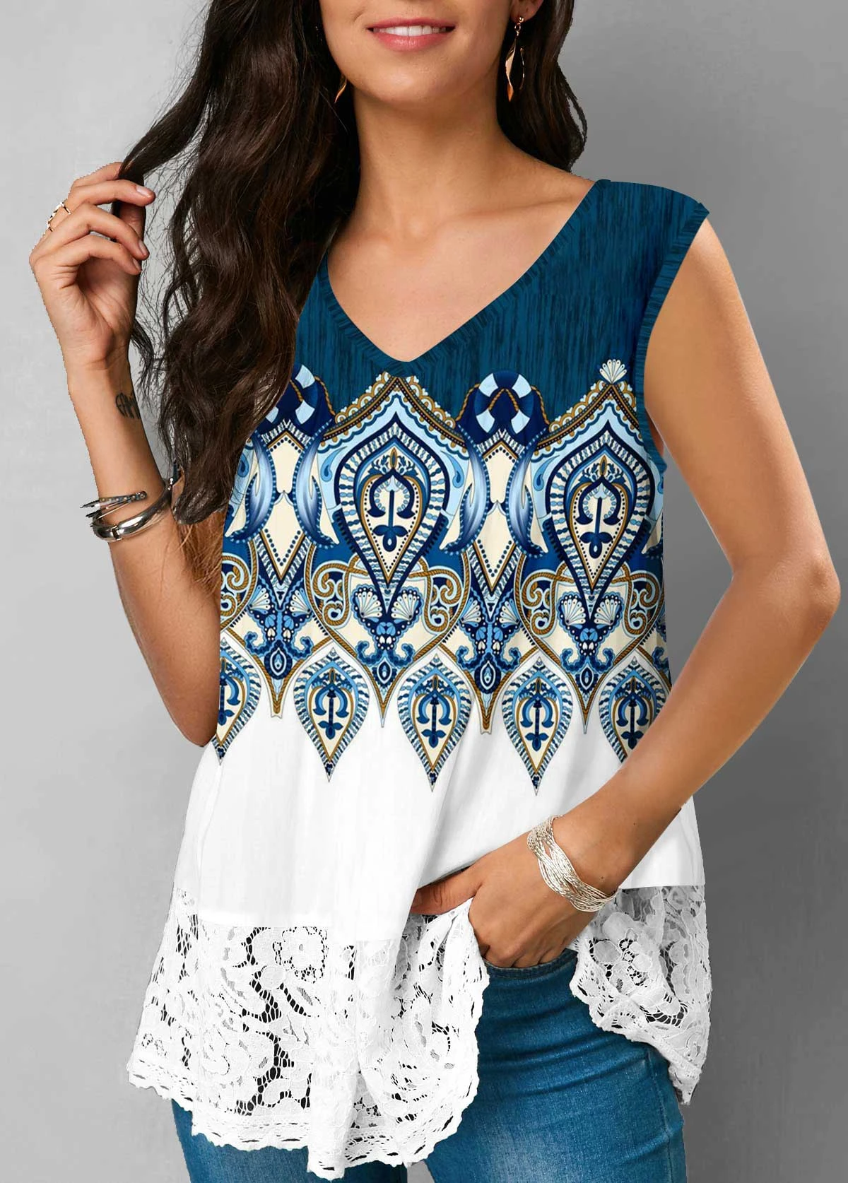 Tribal Print Blue Lace Stitching Tank Top 5 Tribal Print Blue Lace Stitching Tank Top - Image 3
