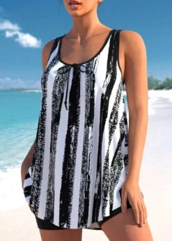 Wide Strap Striped Graffiti Print Black Tankini Set 7 Wide Strap Striped Graffiti Print Black Tankini Set -Rosewe Promotion Store 304466 P 1652162191413