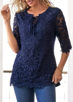 Navy Blue Split Neck Lace Stitching Blouse -Rosewe Promotion Store 304569 P 16571912471072