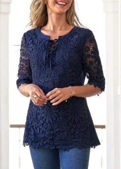 Navy Blue Split Neck Lace Stitching Blouse -Rosewe Promotion Store 304569 P 16571912477483