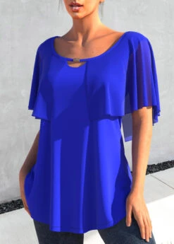 Cape Sleeve Metal Decorative Royal Blue T Shirt -Rosewe Promotion Store 304602 P 1652247386155