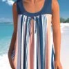 Denim Blue Bowknot Striped Mesh Stitching Tankini Set -Rosewe Promotion Store 304617 P 1652248975618