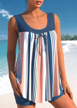 Denim Blue Bowknot Striped Mesh Stitching Tankini Set -Rosewe Promotion Store 304617 P 1652248976781