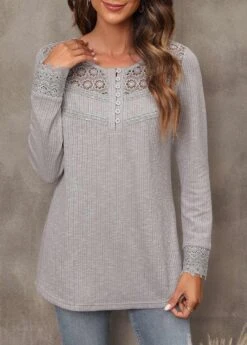 Lace Stitching Long Sleeve Light Grey Marl T Shirt -Rosewe Promotion Store 304691 P 16553578002324