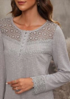 Lace Stitching Long Sleeve Light Grey Marl T Shirt -Rosewe Promotion Store 304691 P 16553578007685