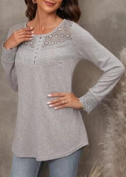 Lace Stitching Long Sleeve Light Grey Marl T Shirt -Rosewe Promotion Store 304691 P 16553578009662