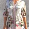 Floral Print Split Neck Light Pink Blouse 1 Floral Print Split Neck Light Pink Blouse -Rosewe Promotion Store 304746 P 1652336187026