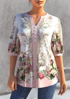 Floral Print Split Neck Light Pink Blouse