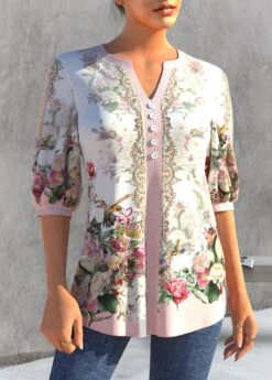 Floral Print Split Neck Light Pink Blouse -Rosewe Promotion Store 304746 P 1652336188666