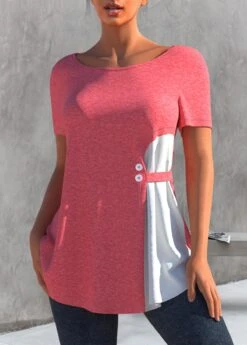 Round Neck Pink Short Sleeve T Shirt -Rosewe Promotion Store 304747 P 1652365567465