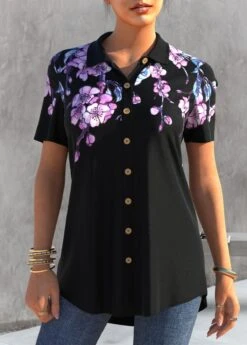 Black Floral Print Button Up Blouse