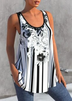 Striped Black Floral Print Wide Strap Tank Top -Rosewe Promotion Store 304834 P 1652355612427