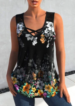 Black Lace Stitching Floral Print Tank Top
