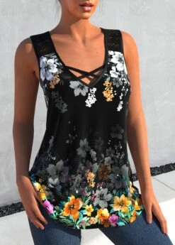Black Lace Stitching Floral Print Tank Top -Rosewe Promotion Store 304838 P 1652355633912
