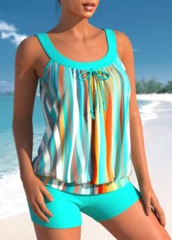 Bowknot Striped Cyan Blouson Tankini Set -Rosewe Promotion Store 304839 P 1652355638111