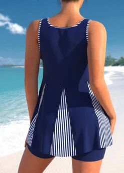 Bowknot Stripe Print Navy Blue Tankini Set -Rosewe Promotion Store 304894 P 1654859479347