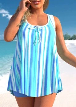 Striped Wide Strap Sky Blue Tankini Set -Rosewe Promotion Store 304951 P 1652683246736