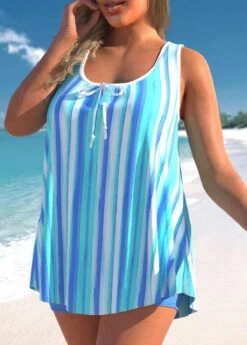 Striped Wide Strap Sky Blue Tankini Set -Rosewe Promotion Store 304951 P 1652683247296