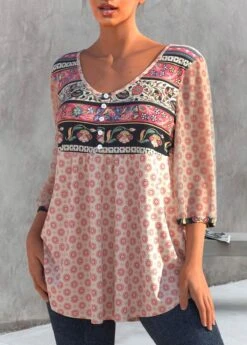 Button Detail Peach Pink Tribal Print T Shirt -Rosewe Promotion Store 305091 P 1655460506932