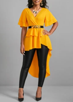 Ginger Dip Hem V Neck Short Sleeve Belted Blouse 9 Ginger Dip Hem V Neck Short Sleeve Belted Blouse -Rosewe Promotion Store 305177 P 16596130441982