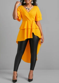 Ginger Dip Hem V Neck Short Sleeve Belted Blouse 11 Ginger Dip Hem V Neck Short Sleeve Belted Blouse -Rosewe Promotion Store 305177 P 16596130443224