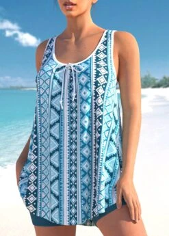 Bowknot Geometric Print Sky Blue Tankini Set -Rosewe Promotion Store 305225 P 1652858359239