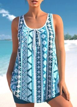 Bowknot Geometric Print Sky Blue Tankini Set