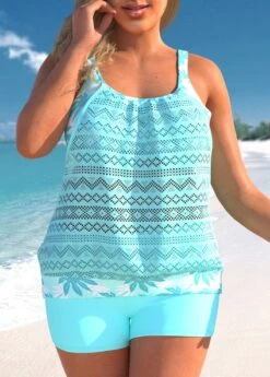 Cyan Plus Size Lace Stitching Leaf Print Tankini Set