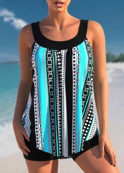 Cyan Stripe Print Wide Strap Tankini Set