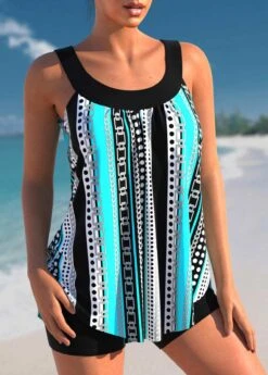 Cyan Stripe Print Wide Strap Tankini Set -Rosewe Promotion Store 305504 P 1655874303575