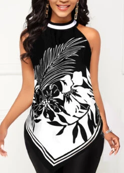 Bib Neck Floral Print Black Tank Top -Rosewe Promotion Store 305771 P 1654585470152