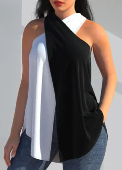 Sleeveless Black Cross Halter Contrast Tank Top -Rosewe Promotion Store 306043 P 1653627827797