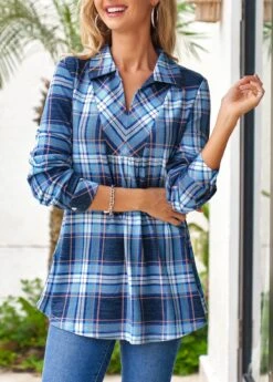 Blue Plus Size Tartan Print Regular Sleeve Blouse 17 Blue Plus Size Tartan Print Regular Sleeve Blouse -Rosewe Promotion Store 306046 P 16593499570563